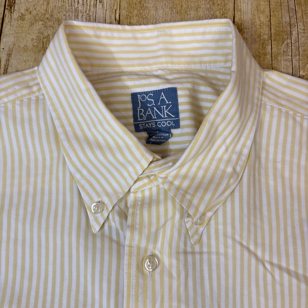Jos A Bank Stays Cool Button Down Shirt Large Yellow Striped Short Seeve - Picture 7 of 10